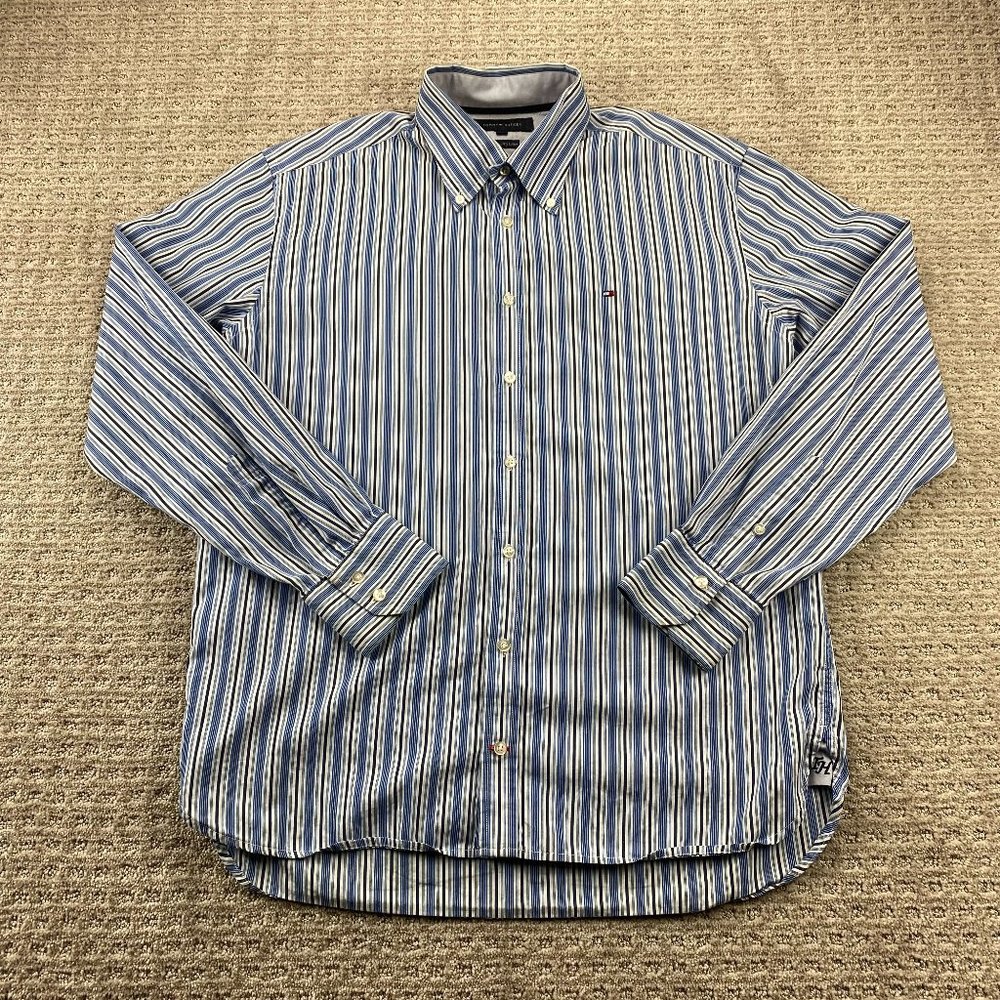 Tommy Hilfiger Shirt Men Large Blue Striped Two Ply Cotton DEFECT MISSING BUTTON
